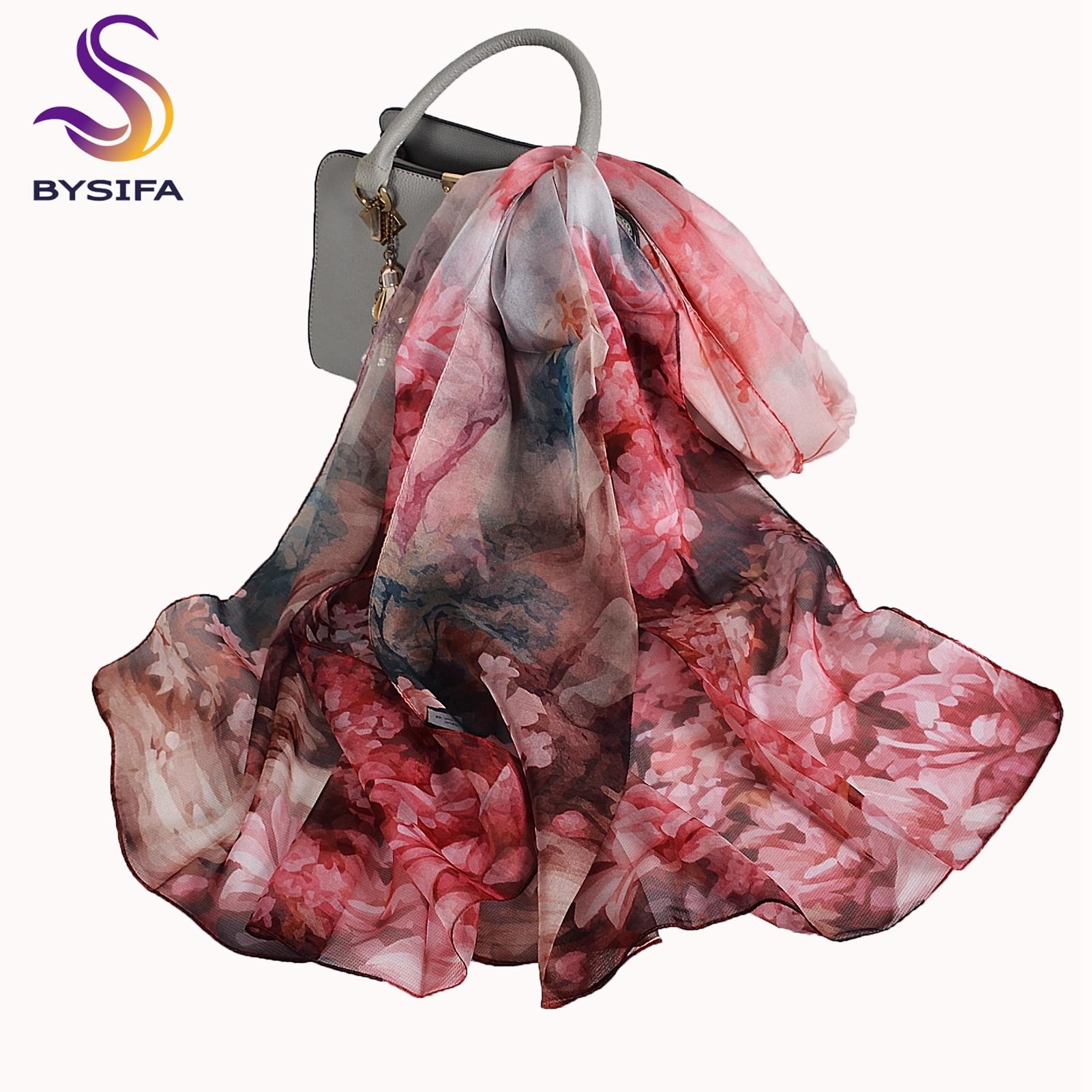 

[BYSIFA] Spring Fall Purple Pink Long Silk Scarf Floral Design 100% Mulberry Silk Beach Shawl Scarf Winter Silk Scarves Echarpes