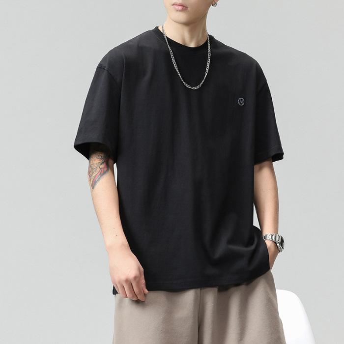 260g Heavy Japanese Loose Short-sleeved T-shirt for Men's Summer Pure Cotton Casual Embroidered T-shirt