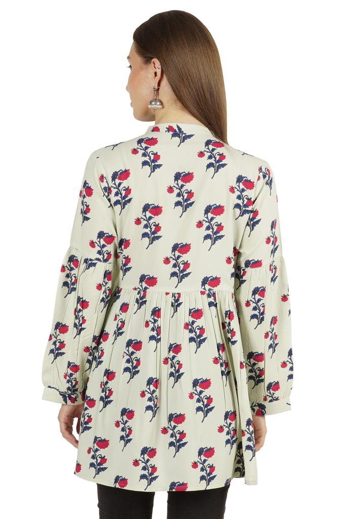 Moomaya Printed Womens Full Sleeve Tunic Mandarin Collar Fit & Flare Long