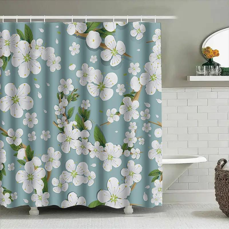 Cherry Blossom Shower Curtain Waterproof Bathroom Decorative Printed Fabric Shower Closures For Bathtubs Light Blue Color Patter