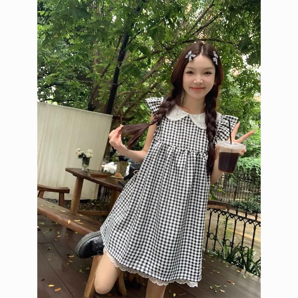 Black & White Plaid Flutter Sleeve Summer Dress with Lace Patchwork - Women's A-line Slimming Skirt