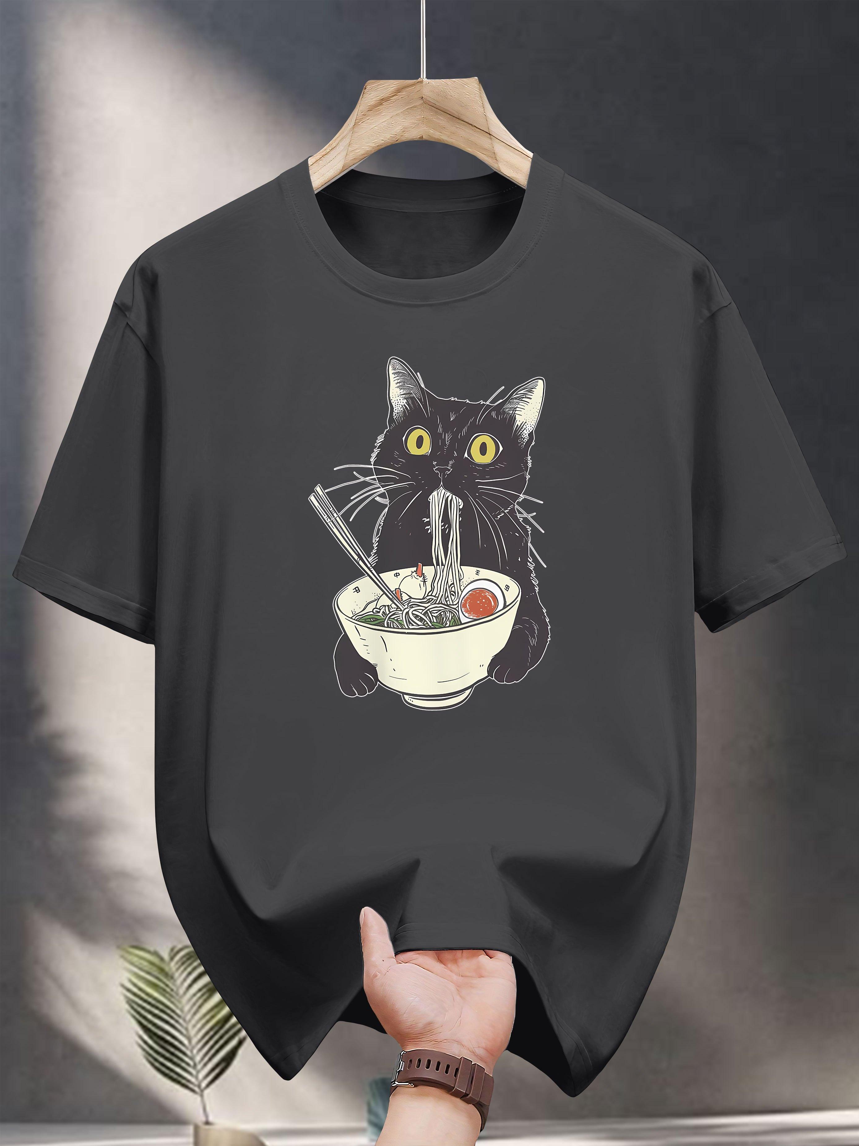 

200g 100% Cotton Short Sleeve T-shirt with Playful Black Cat Eating Noodles Graphic - Navy Blue Casual Summer Tee for Adults L