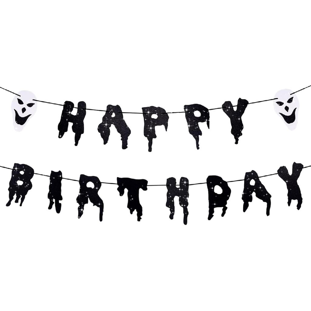 Happy Birthday Halloween Banner, Pre-Strung Glitter Spooky Halloween Party Decorations With Bat, Horror Birthday Decorations For Mantle Wall Mantel