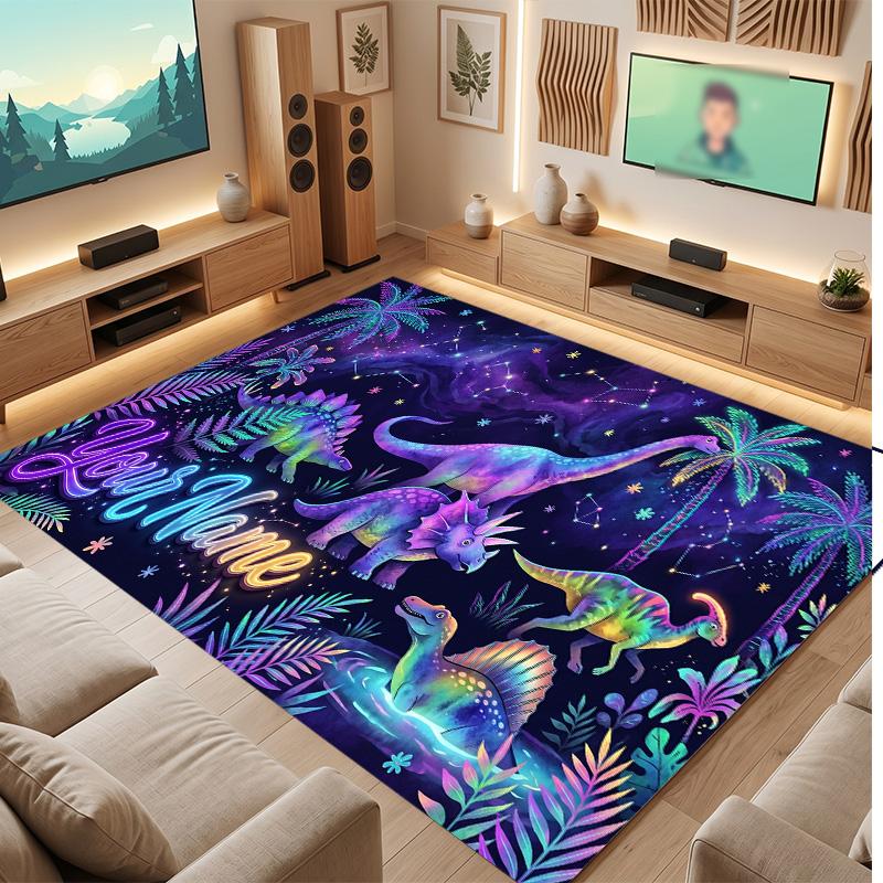Dinosaur Theme Soft Crystal Velvet Rug Custom Name & Text Print Non Slip Floor Rug for Bedroom Living Room