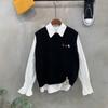 C S In The Room Poma Embroidery patCh Knit veSt Smoke bandIng blouSe Set 4 Color