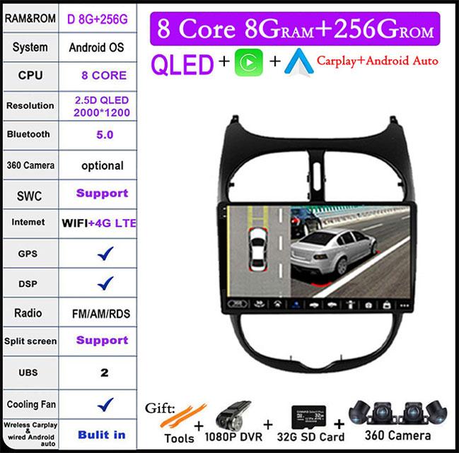 9'' For Peugeot 206 2001 - 2016 Screen/QLED Android 14 Car Radio Multimedia Video Player Navigation GPS 4GLTE 5G WIFI