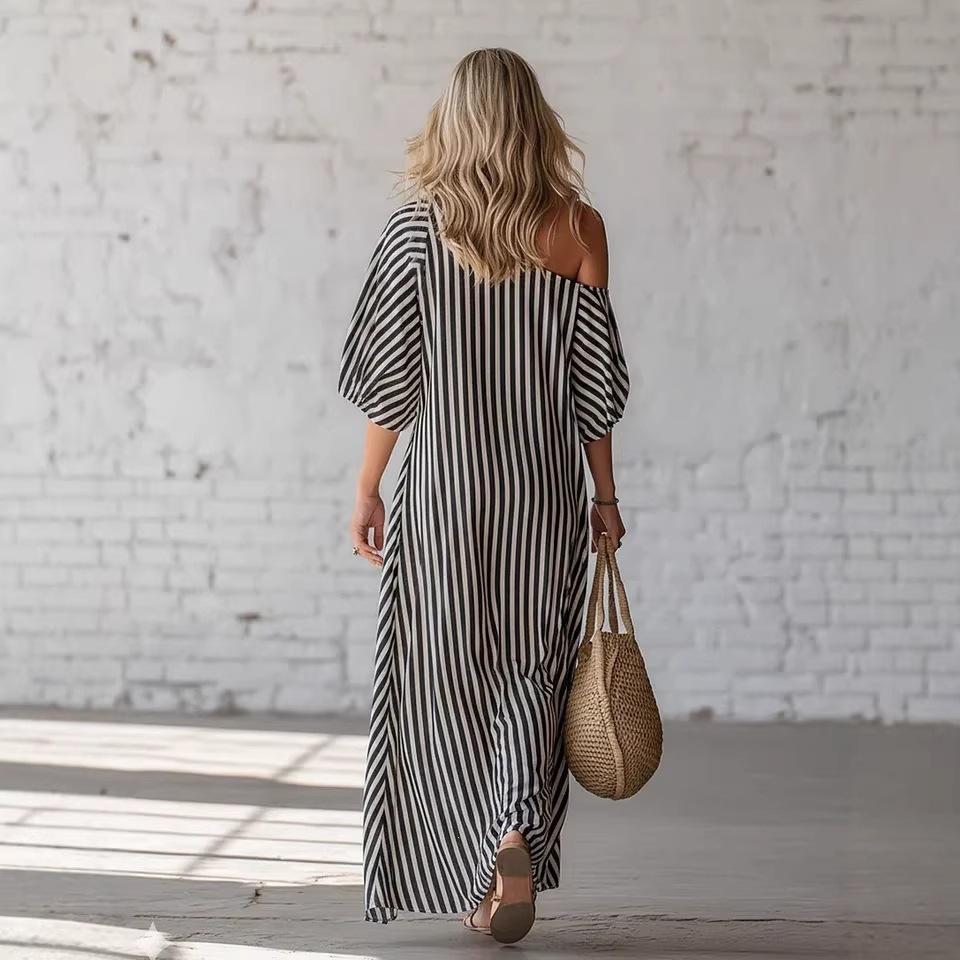 2026 European and American independent station women's fashion spring elegant striped off-the-shoulder dress blue