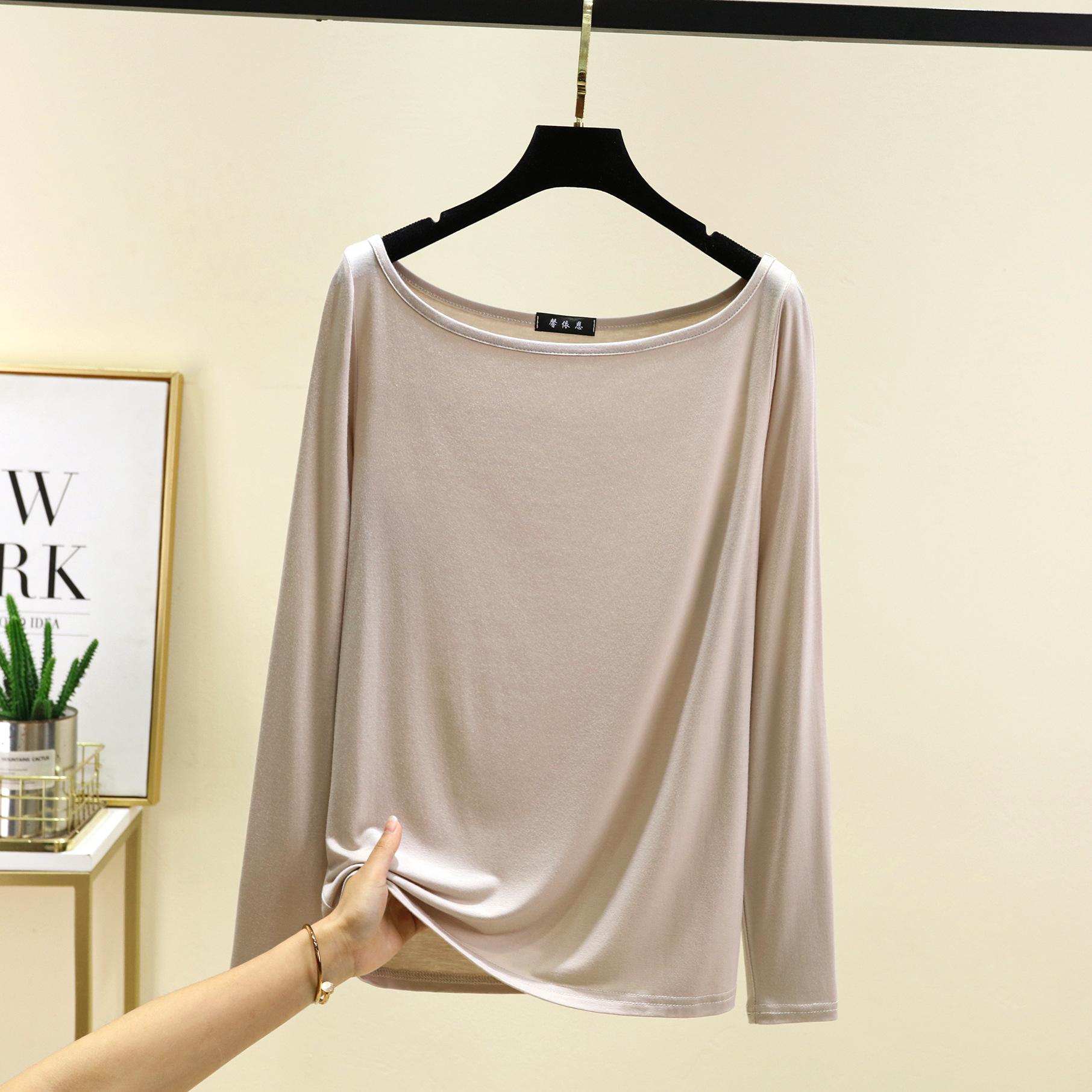 

Модал лодочка вырез футболки с длинными рукавами женские облегающие футболки однотонные базовый слой топ повседневная майка универсальные футболки топы 2XL бежевый