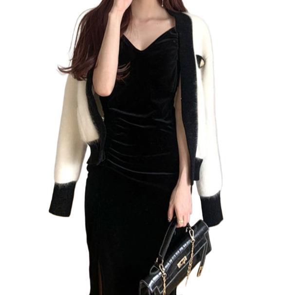 Women's Mid-Length Black Gold Velvet Slit Camisole Dress - New Spring Style