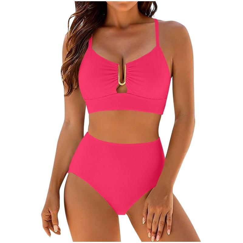 Women's Pink Metal Accent High-Waist Two-Piece Bikini Swimsuit