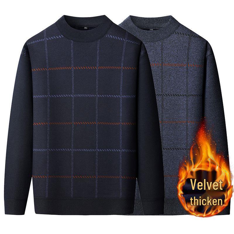 Dad's Warm Plaid Sweater for Middle-Aged & Elderly Men 50s 60s - Plus Velvet, Thick, Round Neck, Autumn & Winter Base Layer.