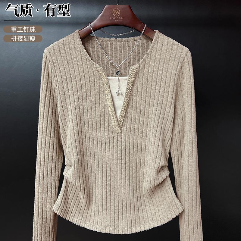 Autumn Slim-fit Bottoming Shirt Front Shoulder Long-sleeved Women's New Low-design Splicing Fake Two-piece Top