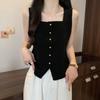 French Retro Solid Color Square Neck Single-Breasted Sleeveless Slim Knitted Vest For Women