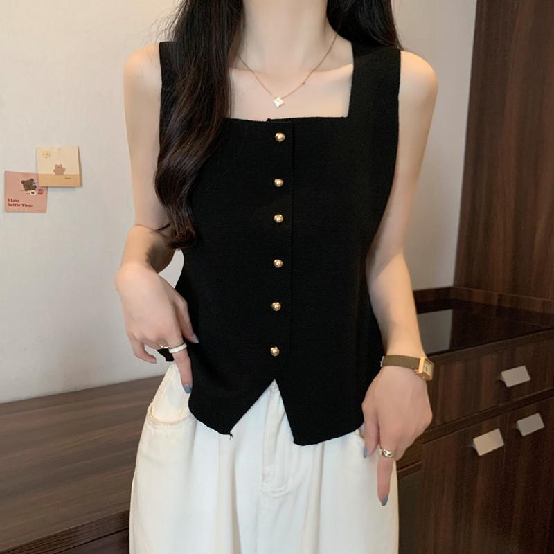 French Retro Solid Color Square Neck Single-Breasted Sleeveless Slim Knitted Vest For Women