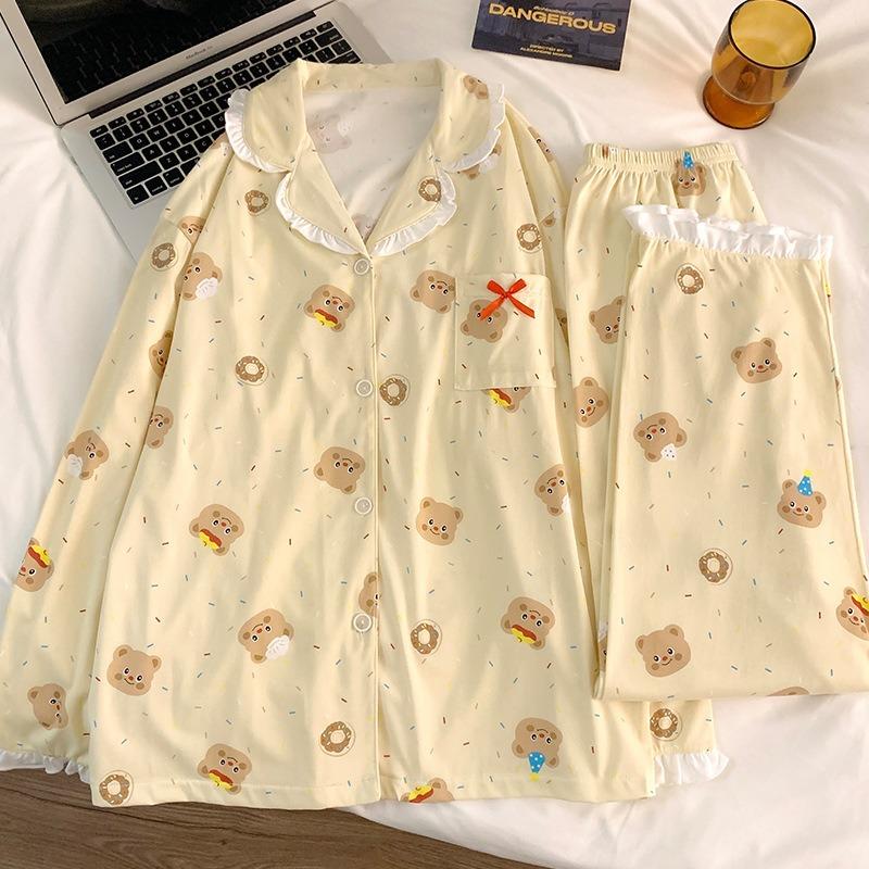 Butter Bär Print Imitationsbaumwolle Langarm Pyjama Damen Frühling und Herbst Süßer Wind Lässiges Loungewear Set