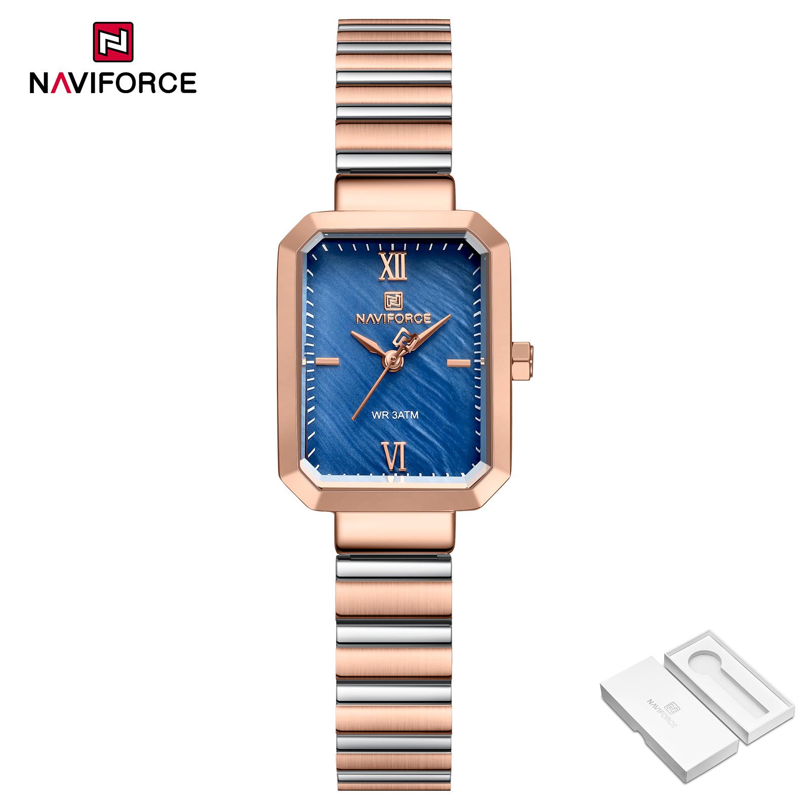 

Naviforce Женские кварцевые часы Элегантный квадратный корпус Простой циферблат Ремешок из нержавеющей стали Водонепроницаемость 30 м Модные повседневные женские часы NF5050 розового золота/синий