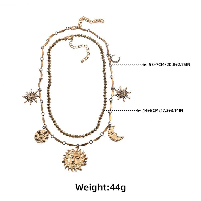 Layered Geometric Pendant Necklace With Sun Moon Star Motifs Women - Gold Alloy Fashion Jewelry