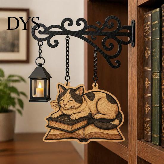 Cat Decor for Book Lovers Vintage Bookshelf Light with Sleeping on Design, Retro Lantern Unique Craft Gifts Students Lamp Reading, Decorative