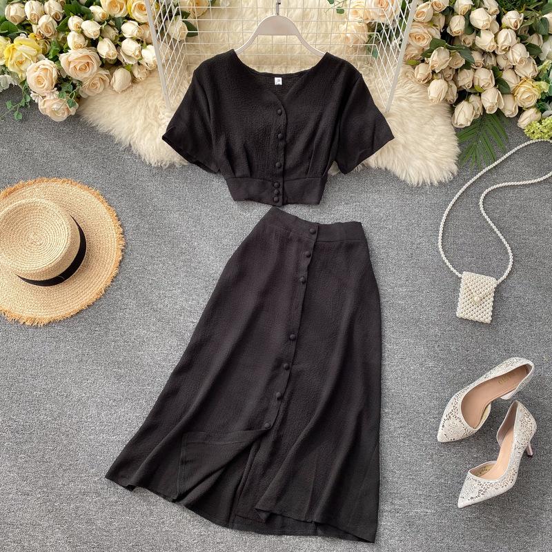 Solid Color Home Wear Women's V-neck Short-sleeved Pleated Blouse + High-waisted Slimming Single-breasted Skirt Pajamas