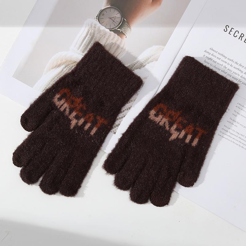 Touchable Screen New Autumn and Winter Men's Knitted Warm Gloves Cycling Cold Proof Letters Jacquard Cycling Fingers Five Fingers