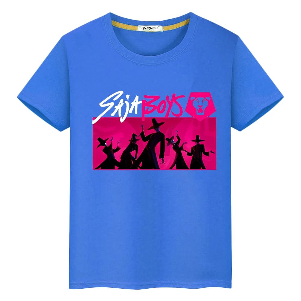 Saja Boys Print Kawaii Tees 100%Cotton Cute Tops Y2k Kpop Demon Hunters T Shirt for Kids Boy 10year Anime Short Girls Clothes