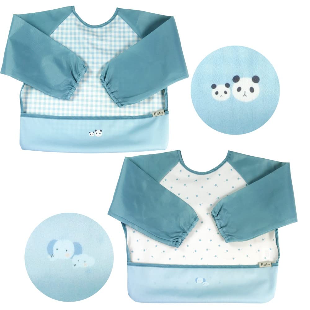 

Pocke Washable Meal Apron A Set of Baby Apron Baby Weaning Food Panda Elephant Machine Washable [POCKE] (Set 2/Long Sleeve/Blue) (Kururin Pocket)