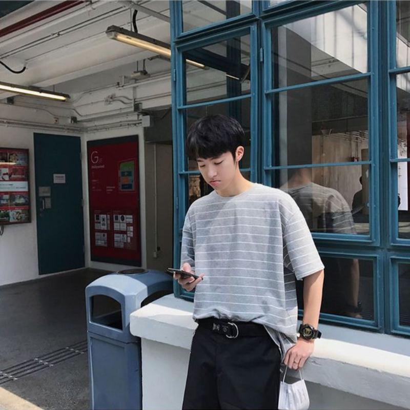 WTEMPO Brand Summer Men's Striped Short Sleeve Top Loose and Simple Fashion Short Sleeve T-shirt Youth Trend Round Neck Pullover Tops