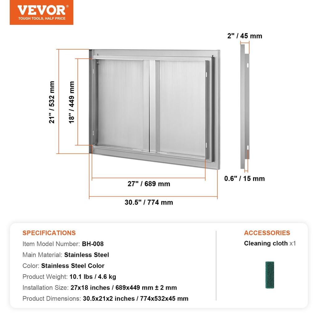 BBQ Access Door, 774x532 Mm Double Outdoor Kitchen Door, Stainless Steel Flush Mount Door, Wall Vertical Door with Recessed Handles , for BBQ Island,