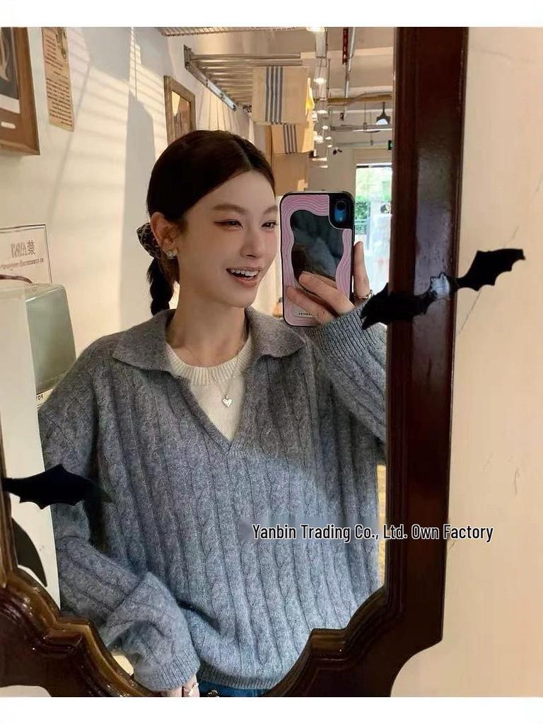 Women's Two-Piece Look Polo Collar Wool Sweater - Thick and Loose Knitwear for Autumn/Winter