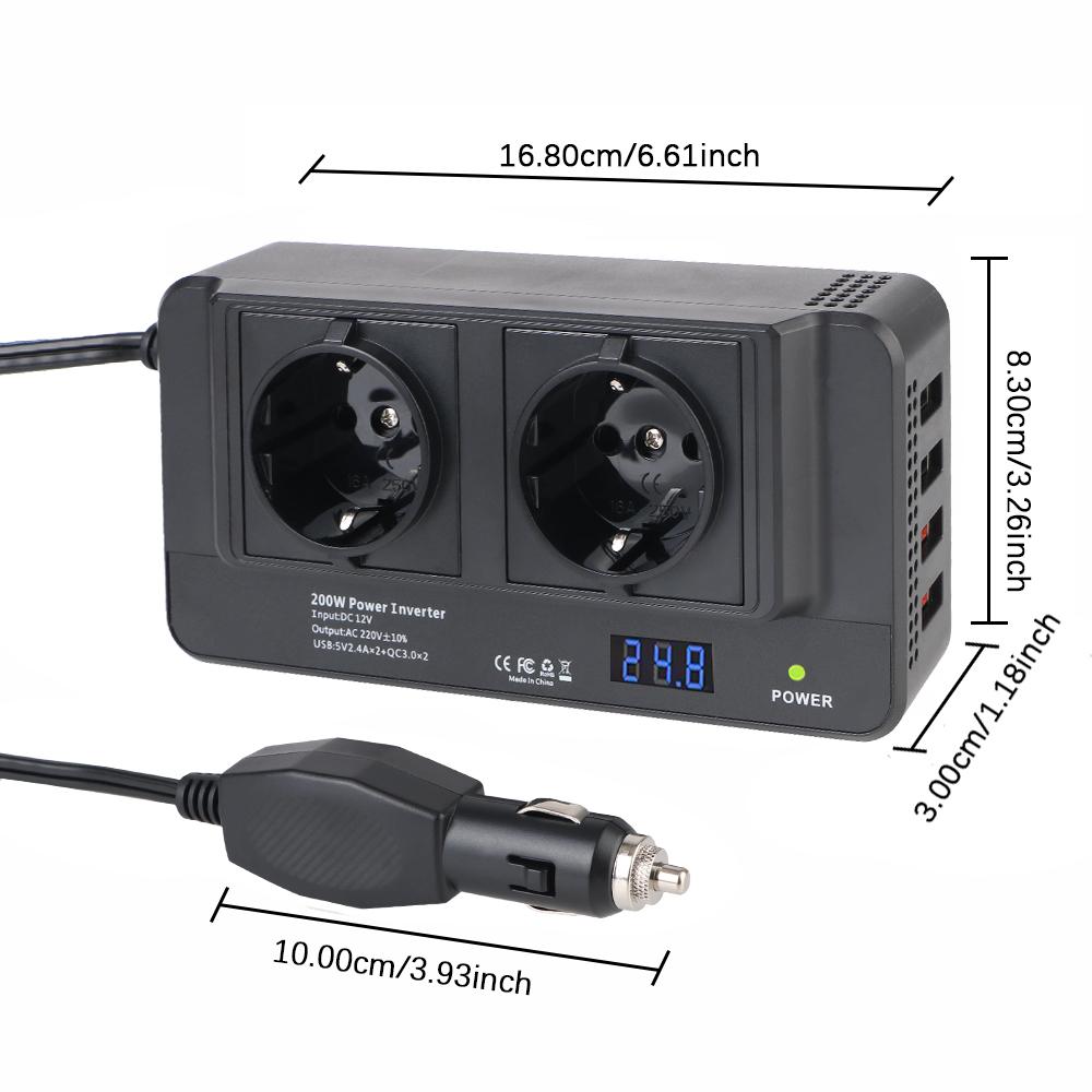 Truck Inverter DC 12V To AC 220V 2+4 EU Power Socket USB Chargers With Switch Voltmeter Cigar Lighter Adapter Car Inverter 200W