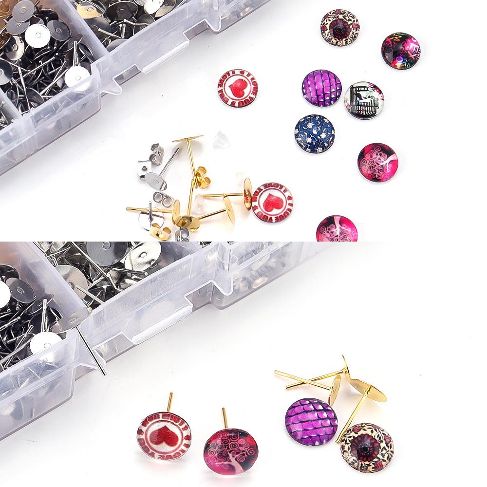 1400pcs/Box Blank Post Earring Studs Base Pins Box Flat Round Tray Base Ear Back For DIY Jewelry Making Kits Earring Accessories