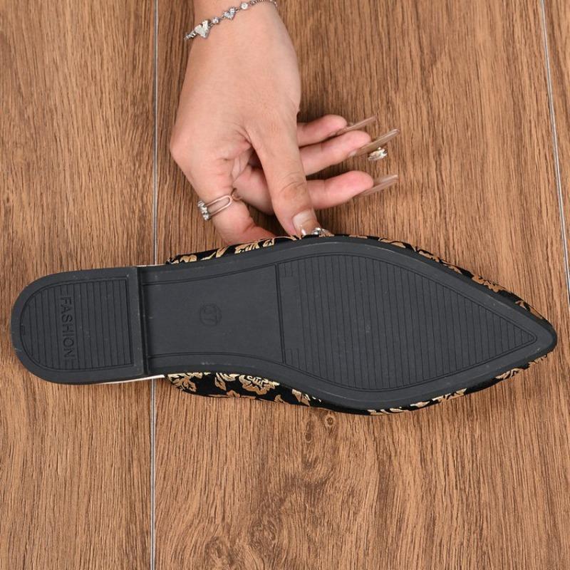 Women Plus Size Old Money Style Black Gold Pointed Toe Flat Slingback Mules Autumn