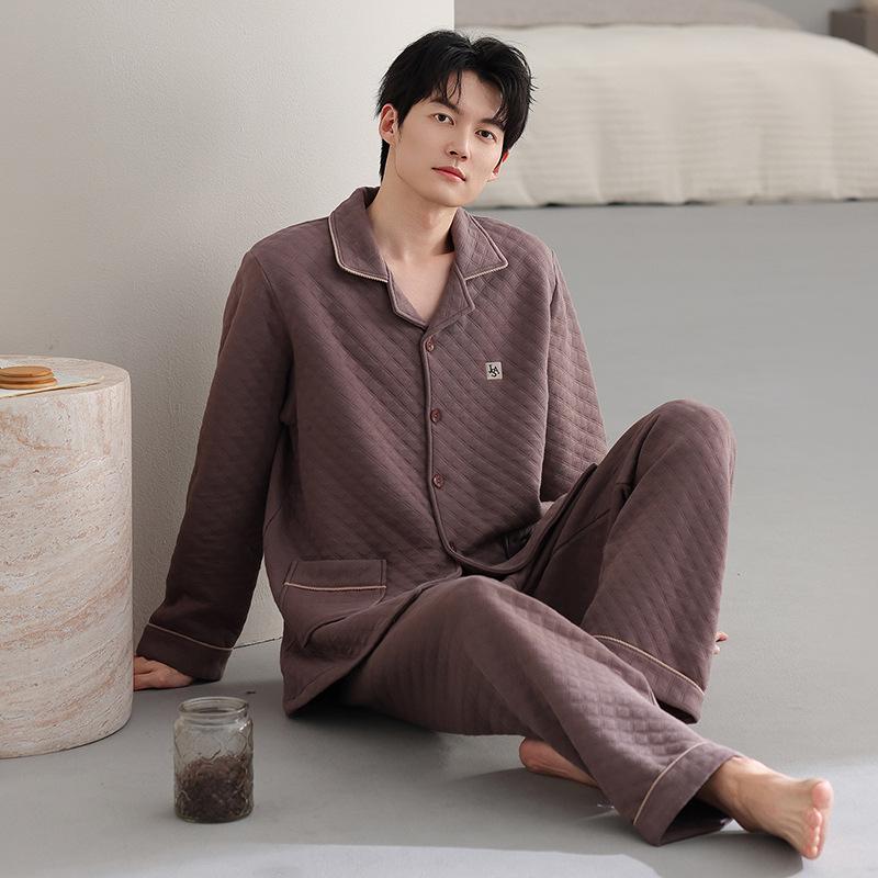 Pajamas Men'S Autumn And Winter Thickened Pure Cotton Long Sleeve Air Cotton Interlayer Homewear Winter Warm Large Size Cotton Set