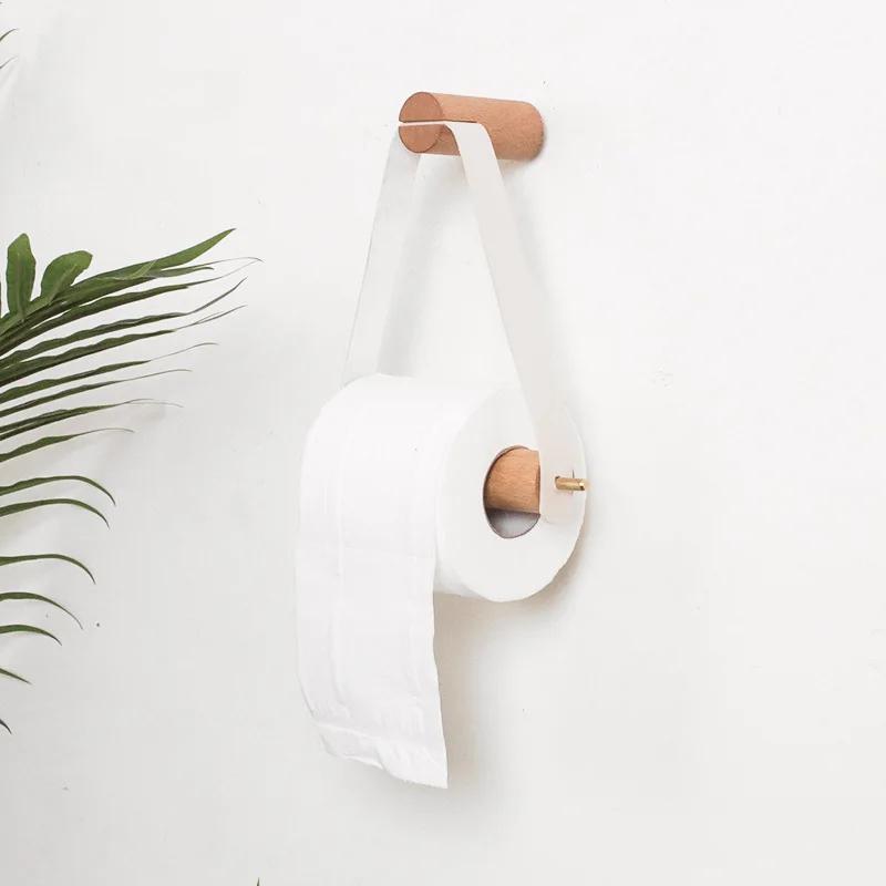 Vintage Toilet Paper Roll Holder Wooden Leather Bathroom Storage Rack Towel Tissue Dispenser Wall Mounted Bathroom Accessories