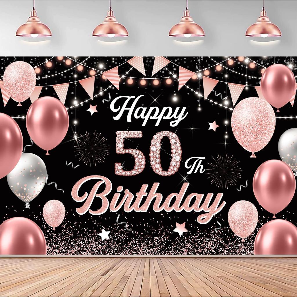 50th Birthday Decorations for Men Women - Happy 50th Birthday Banner Party Decorations Black Gold 50 Years Birthday Party Suppiles Background for
