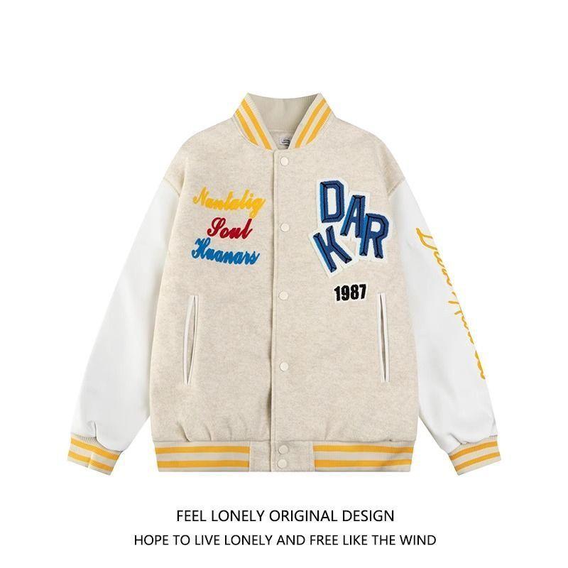 Women's Embroidered Letter Guochao Baseball Jacket - Color Block, Loose Fit, Ideal for Spring & Autumn, Suitable for Middle & High School Students