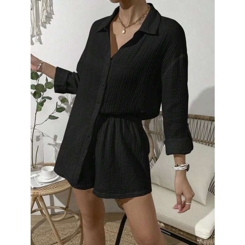 Women's Spring and Summer Fashion Solid Colour Long-sleeved Shirt Suit Women Casual Loose Shorts Two-piece Set