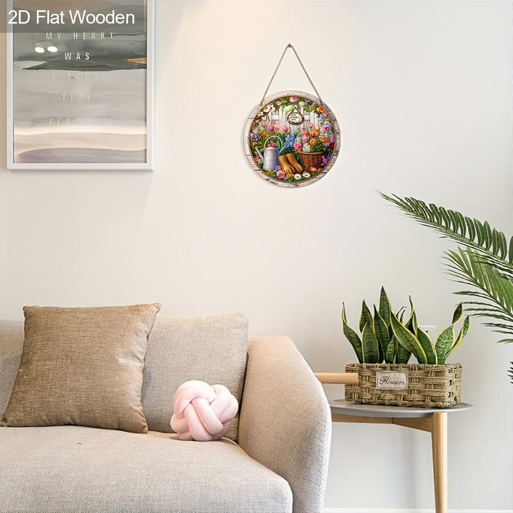 Wooden Sign with Blooming Flowers Pattern - Charming Round Ornament for Front Door, Wall, Yard Hanging Decor - Ideal Gift for Friend