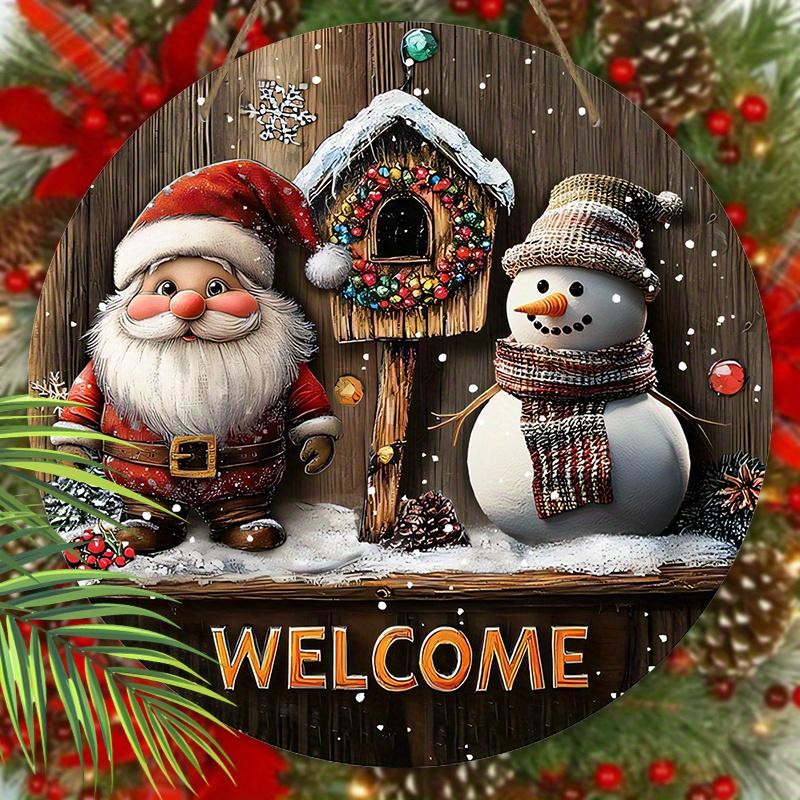 Cartello di Benvenuto in Legno di Natale con Babbo Natale e Pupazzo di Neve - Cartello Rotondo Navidad per Porta d'Ingresso, Decorazione da Appendere a Parete - Regalo di Natale Ideale
