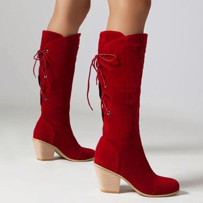 Mode Damen Kniehohe Stiefel Schnürung hinten Klobiger Absatz Lange Stiefel Winter Damenschuhe Botas Mujer Große Größe 41 42 43 WSH5014