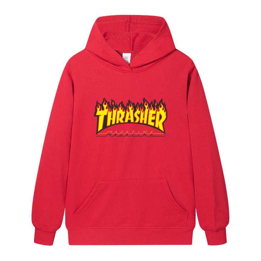 W02-1 Unisex Thrasher Flame Print Hoodie Men Casual Loose Long Sleeve Hooded Sweatshirt Streetwear Pullover