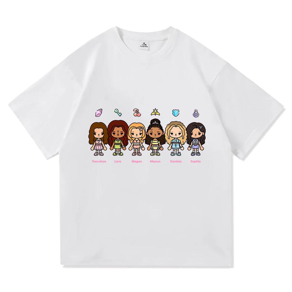 KATSEYE X Toca Boca T-Shirt Koreanische Mädchenband Cartoon-Druck T-Shirts Baumwolle Kurzarm Locker Damen-T-Shirts Unisex Streetwear