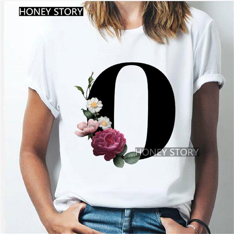 Kawaii English Alphabet Flowers Graphics Female T-Shirt 90S Summer Loose Short Sleeve Round Neck Female Tops Clothing