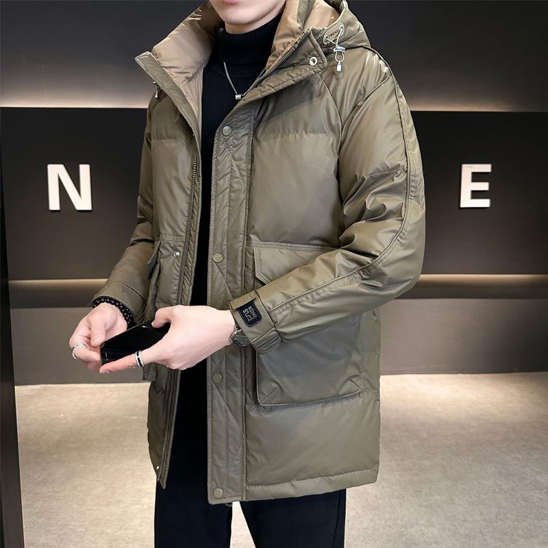 

Men s Mid-Length Hooded Down Jacket - 2025 Color Blocked Winter Outerwear XXXL зелений