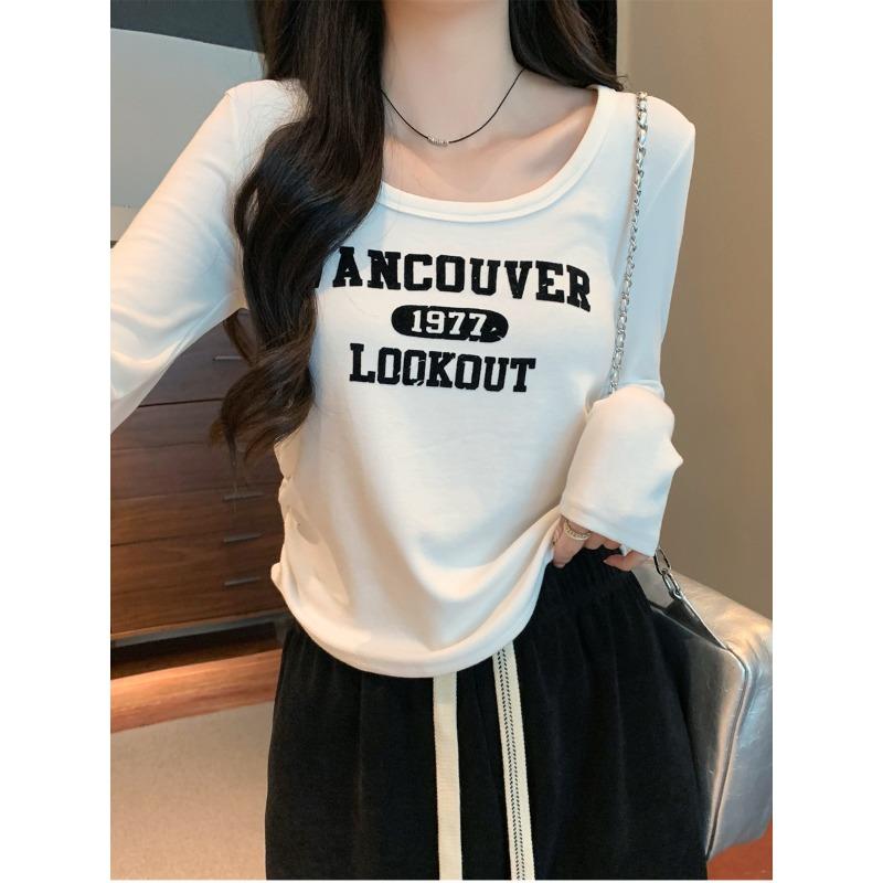 Pure Desire Straight Shoulder Round Neck Long Sleeve T-shirt for Women Early Autumn New Sweet Slim Base Shirt Top