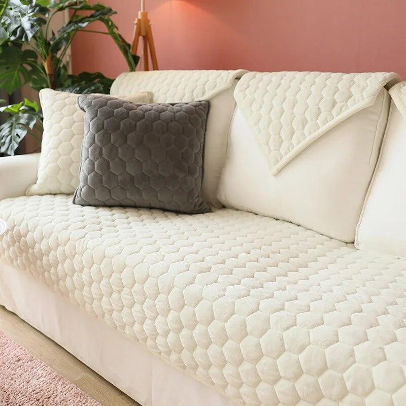 Housse de Canapé en Velours Cristal à Rayures pour Salon Coussin de Canapé Couleur Unie Housse de Canapé en L Antidérapante Accoudoir Dossier