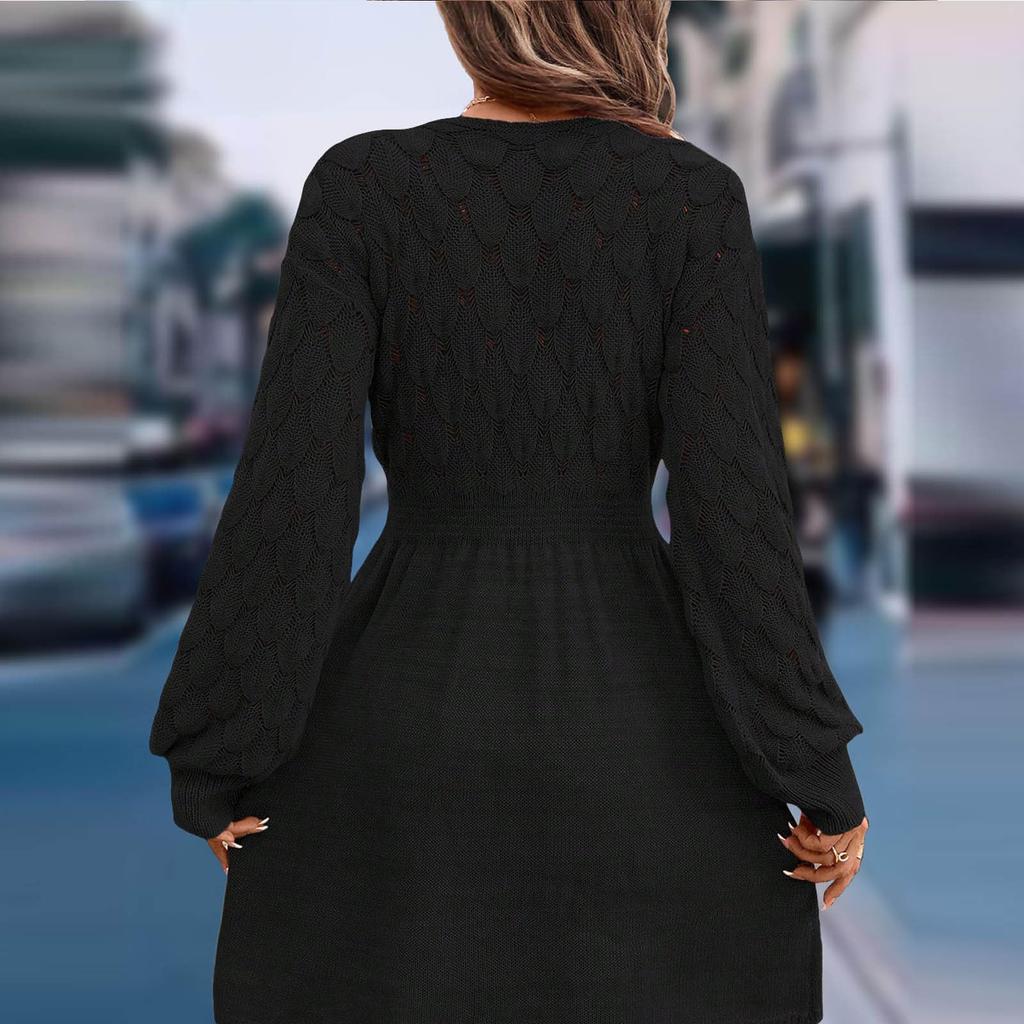 Women's Casual V-neck Hollow-out Scale Texture Solid-color Long-sleeve Sweater Dress