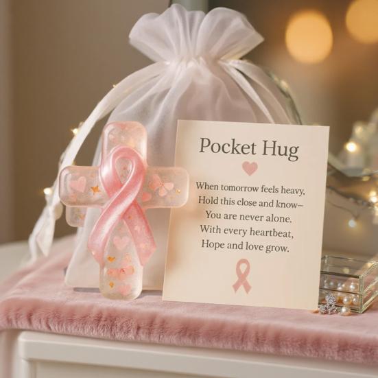 Pink Pocket Hug Token Breast Cancer Awareness Keepsake Transparent Prayer Token with Pink Ribbon Emotional Support Gift for Loved Ones