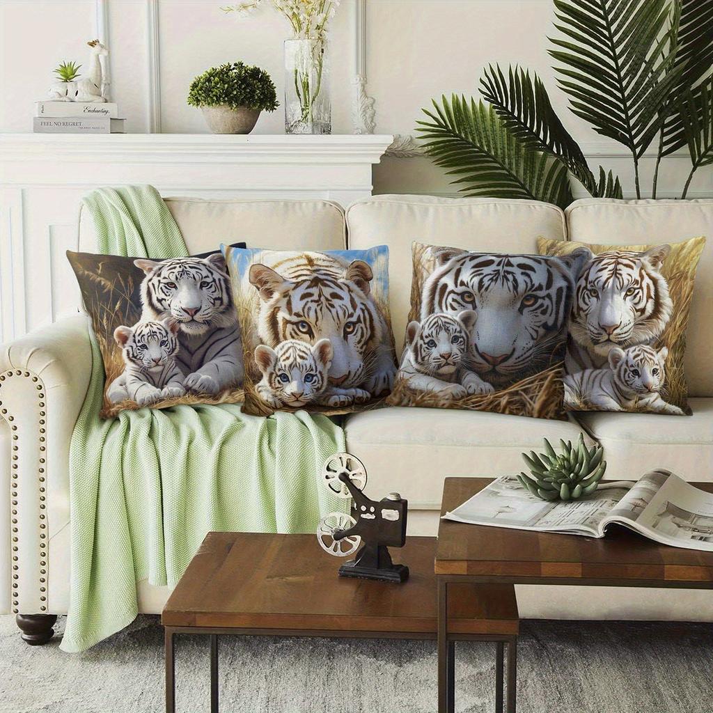 Realistic White Tiger Family Throw Pillow Covers, Tiger With Cub Print Cushion Cases, Safari Wildlife Home Decor For Living Room