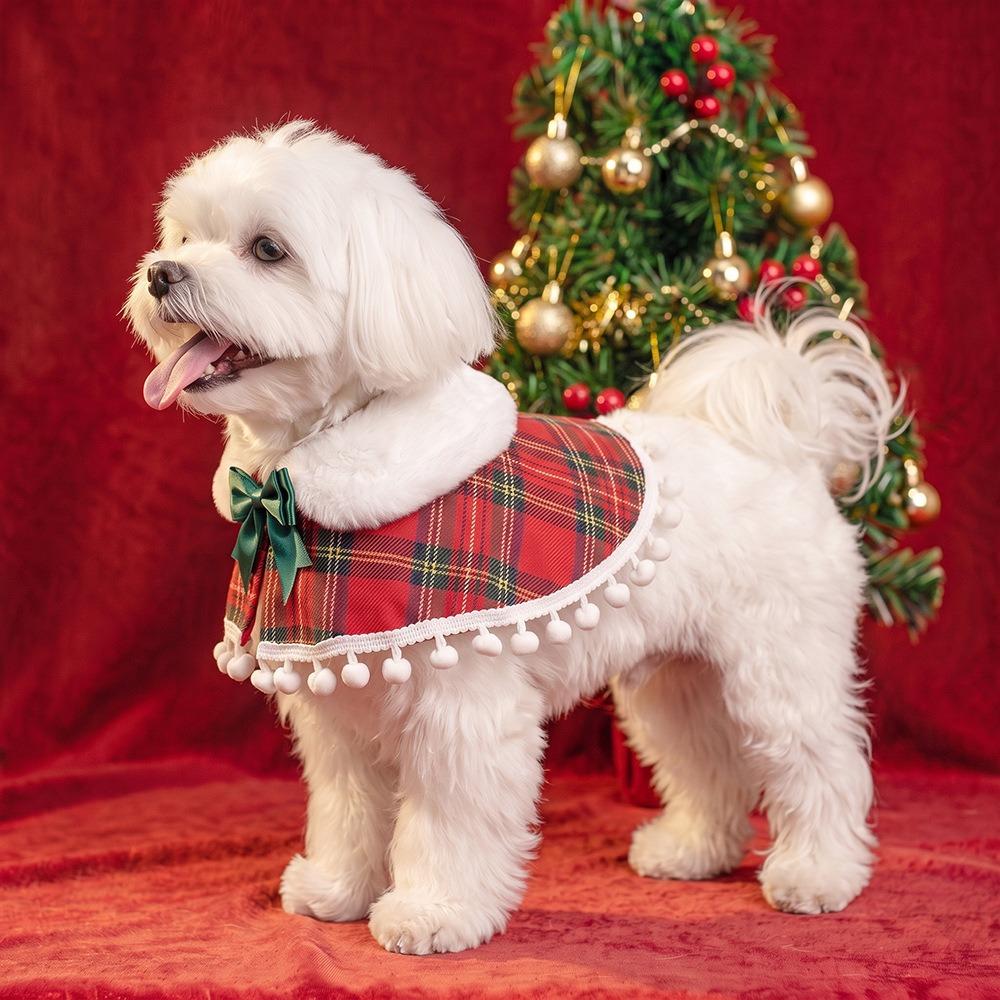 Fleece Lined Christmas Pet Cape British-style Xmas Cat Shawl Christmas Pet Scarf Dog